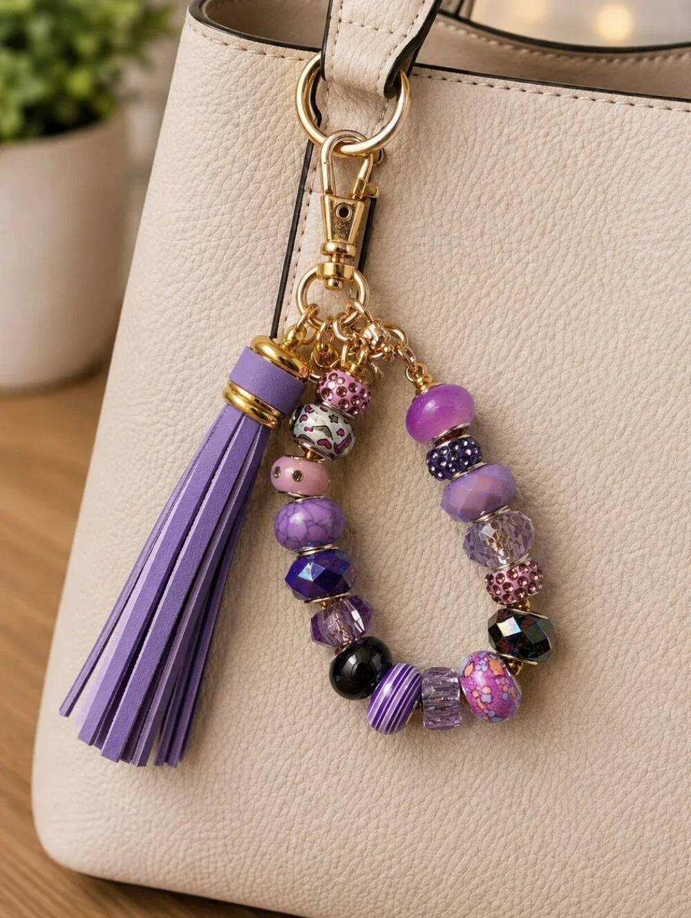 Purple Beaded Tassel Keychain Charm